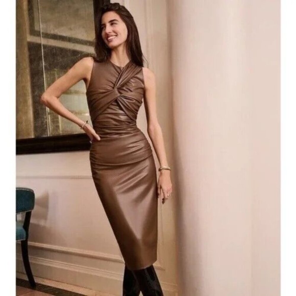 EXPRESS Body Contour Faux Leather Twist Front Midi Dress Brown